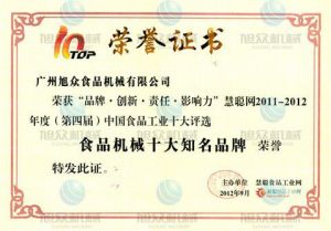 食品機（jī）械十大品牌證書